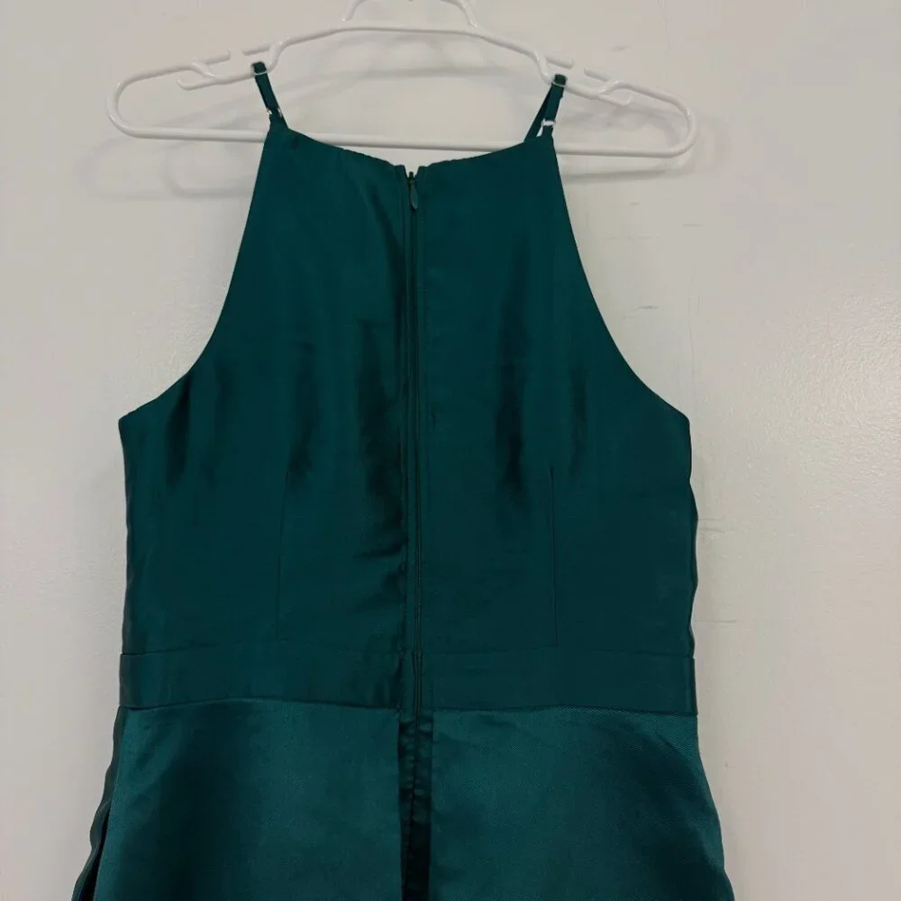 Lulus Broadway Show Emerald Green Taffeta Spaghetti Straps High-Low Dress Gown - Picture 2 of 6